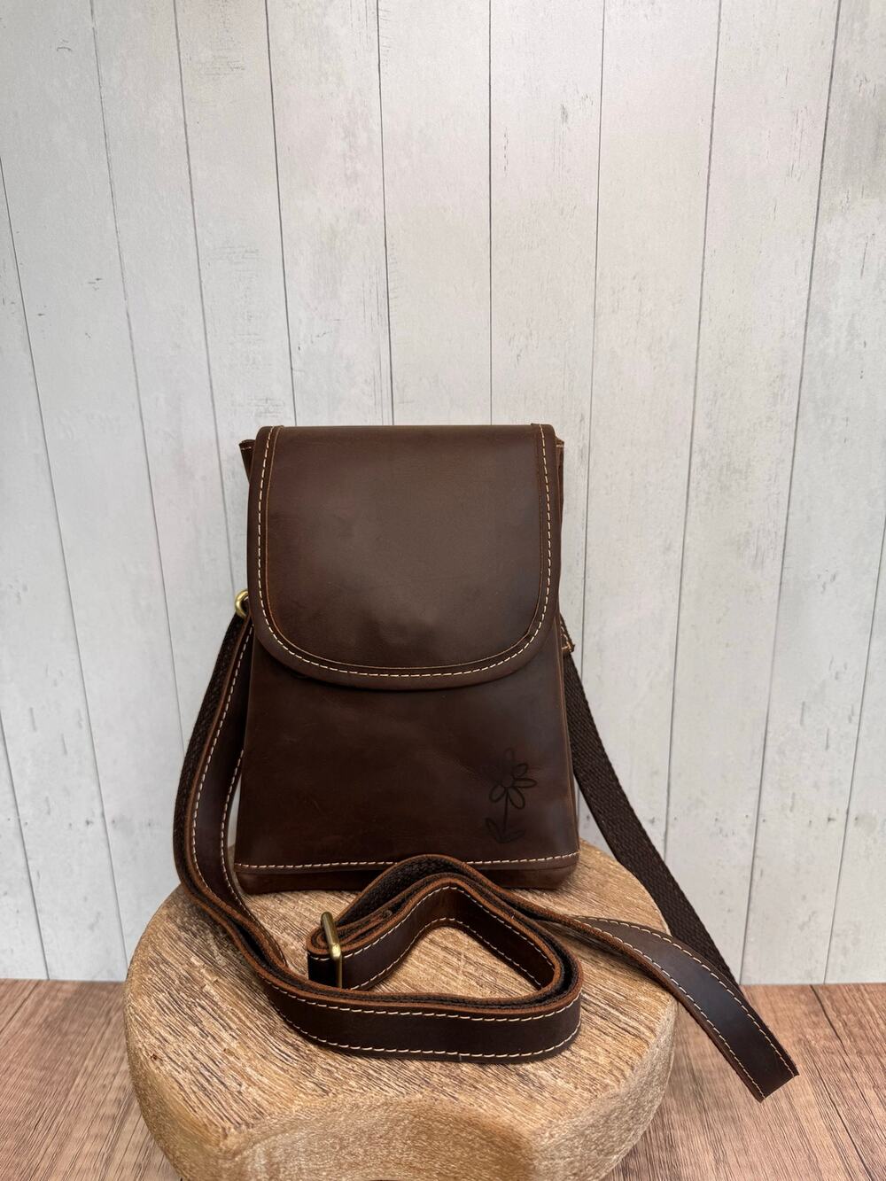 Genuine Leather Crossbody Purse GRIZZLY BROWN Leather Bag Passport Phone Bag